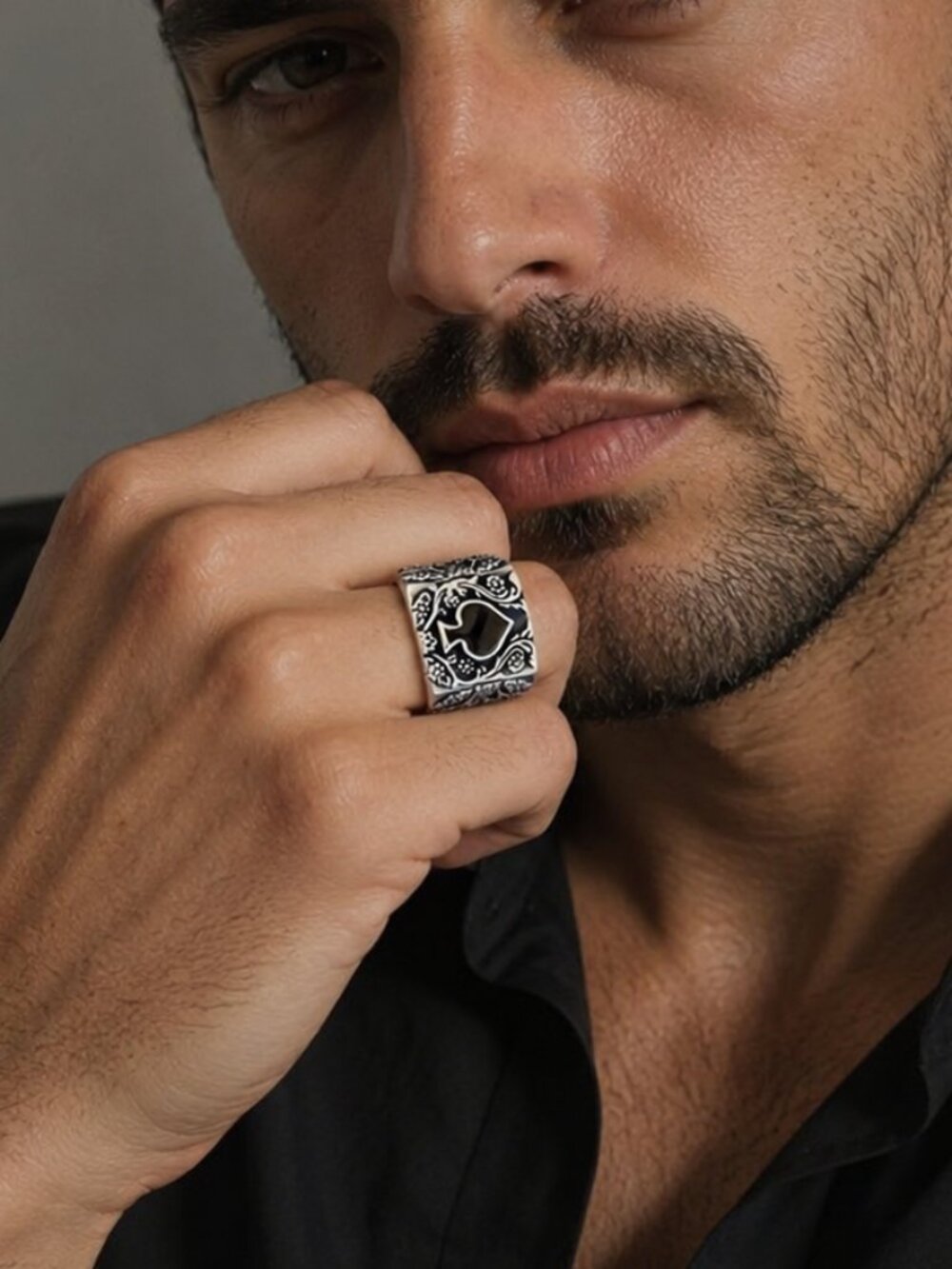Men 15mm Large Sterling silver Black ace Ring gambler Ring